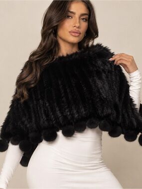 Black Rabbit Fur Pom-Pom Capelet Poncho